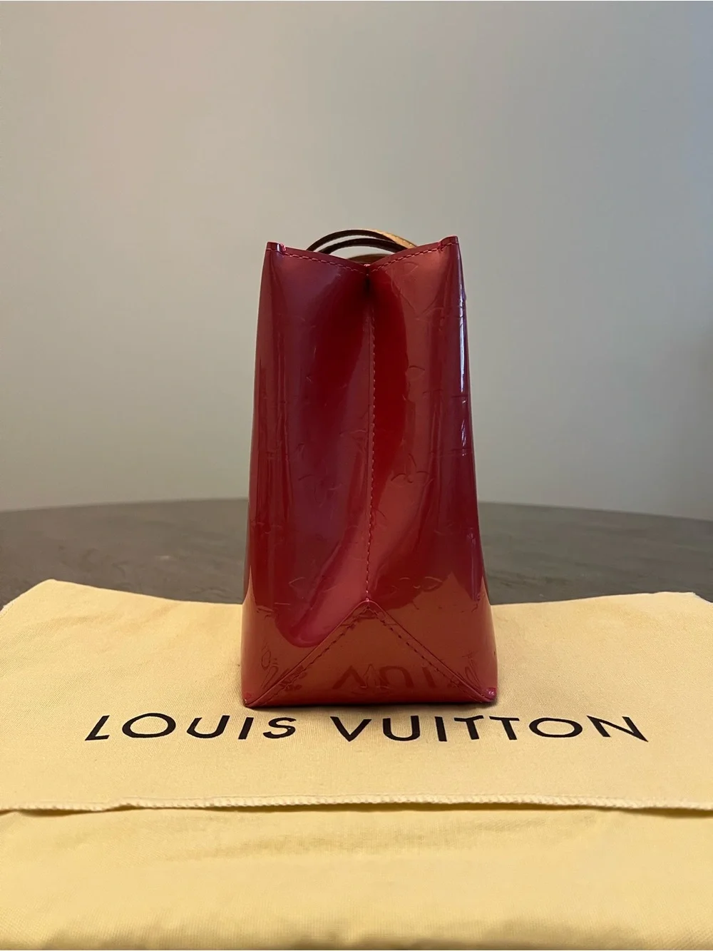 Louis Vuitton Patent Vernis Tote in Glossy Pink with Tan Handles